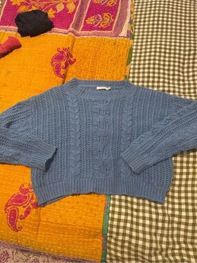 Lush Blue Cable Knit Cropped Sweater